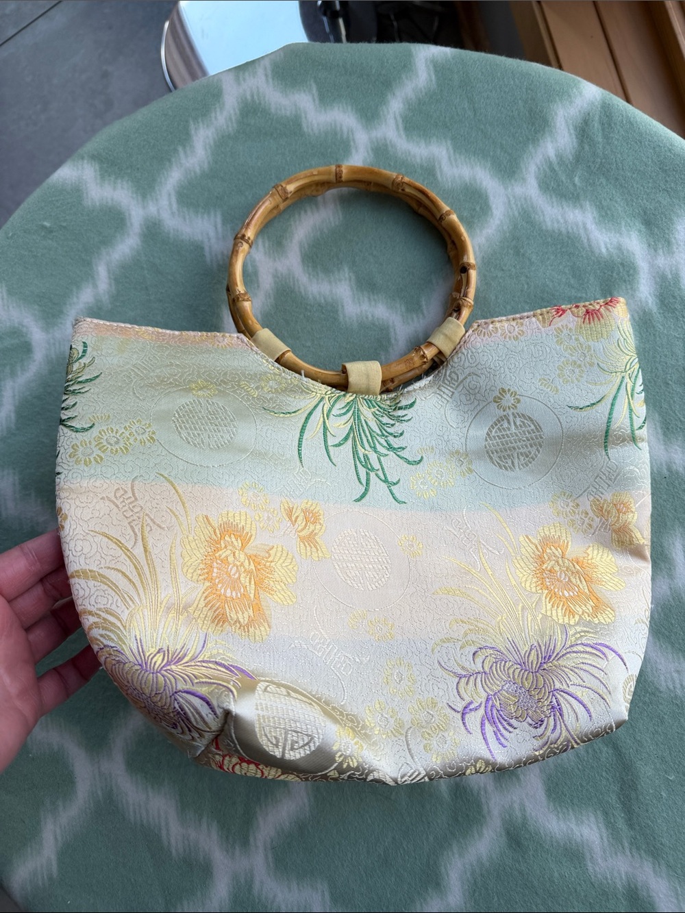 Satin Floral Bamboo-Handle Tote Bag in Ivory and Pastel Asian Auspicious Symbols - Picture 3 of 9